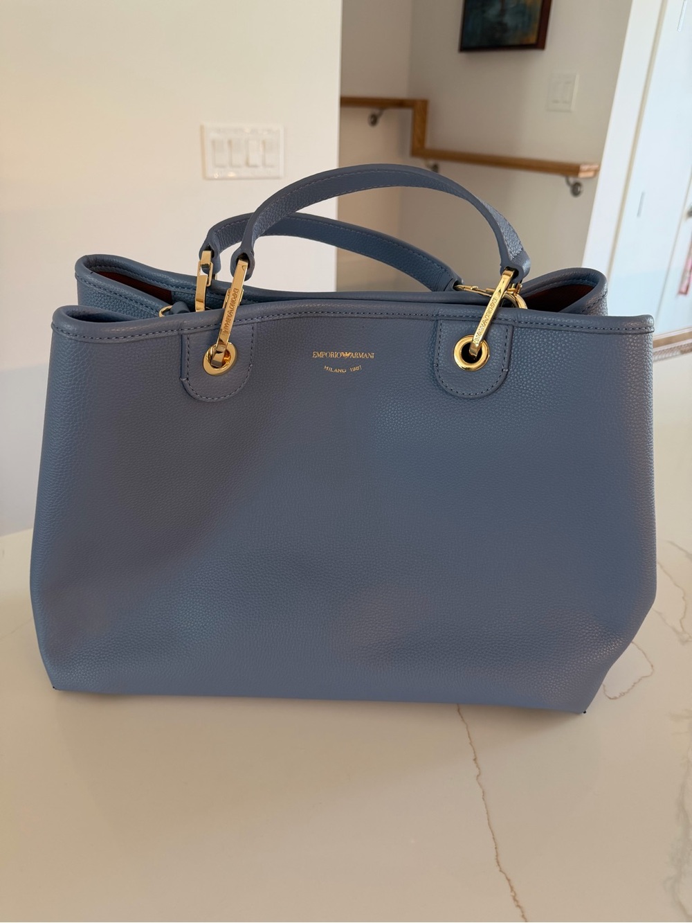 Emporio Armani Dusty Blue Pebbled Leather Tote - Picture 1 of 11